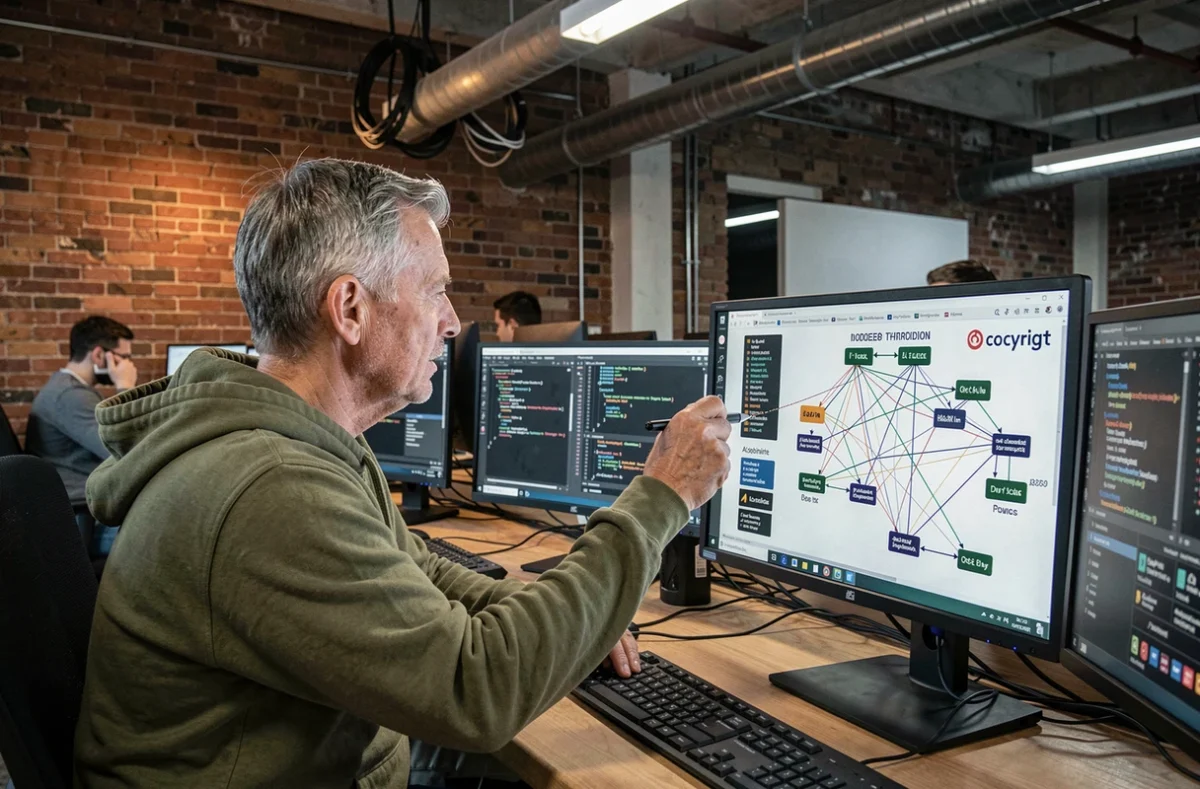 Un développeur senior analyse des pipelines de données d'entraînement d'une IA avec des icônes de droits d'auteur sur plusieurs écrans dans un espace de coworking