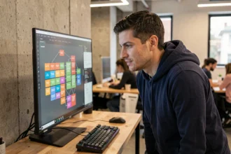 Développeur logiciel analysant un diagramme de modules sur un écran dans un bureau moderne