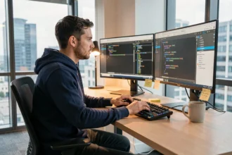 Développeur PHP travaillant sur plusieurs frameworks dans un bureau tech moderne avec écrans affichant du code