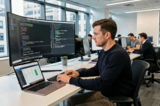 Développeur analysant du code SQL et des options de tarification de bases de données sur un écran ultrawide dans un open space moderne