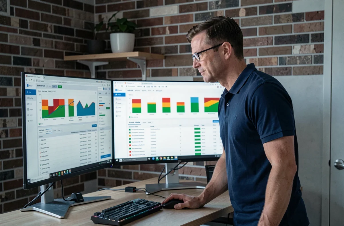 Développeur web consultant un outil d'audit SEO on-page sur deux écrans dans un bureau à domicile