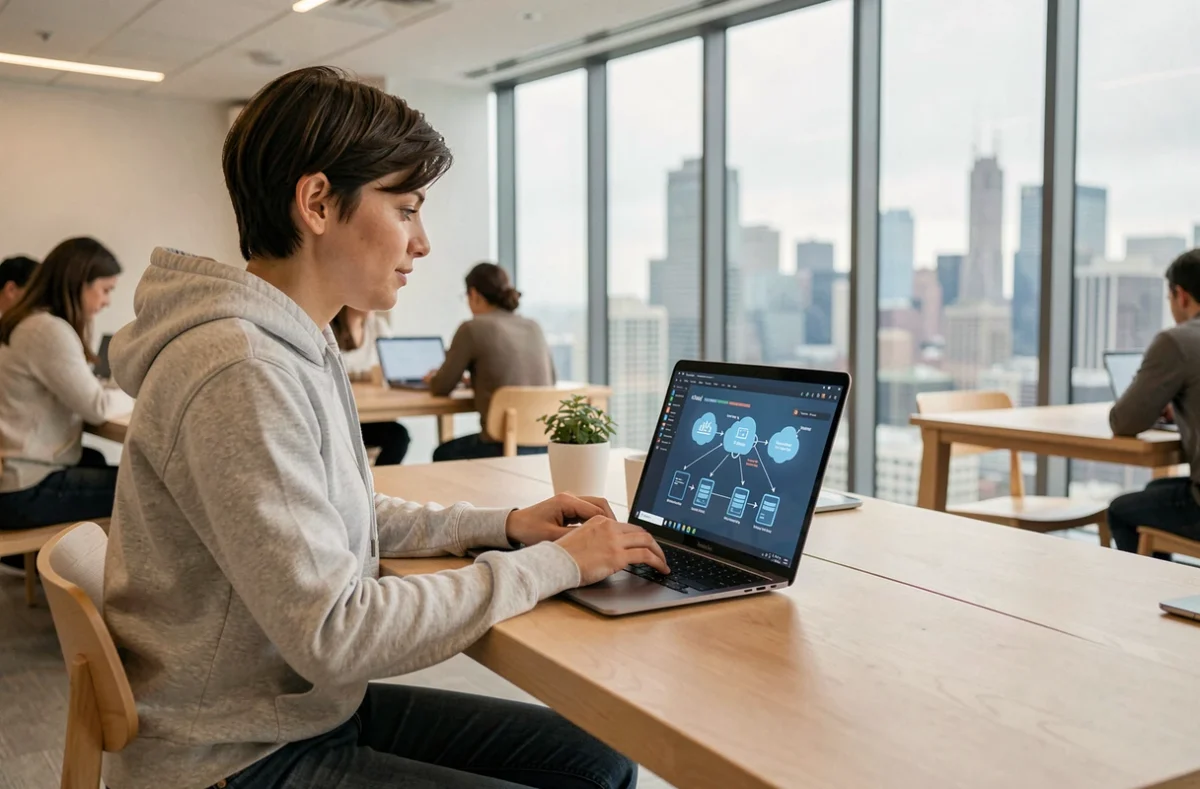 Développeuse travaillant sur un schéma d'infrastructure cloud avec des machines virtuelles dans un espace de coworking moderne