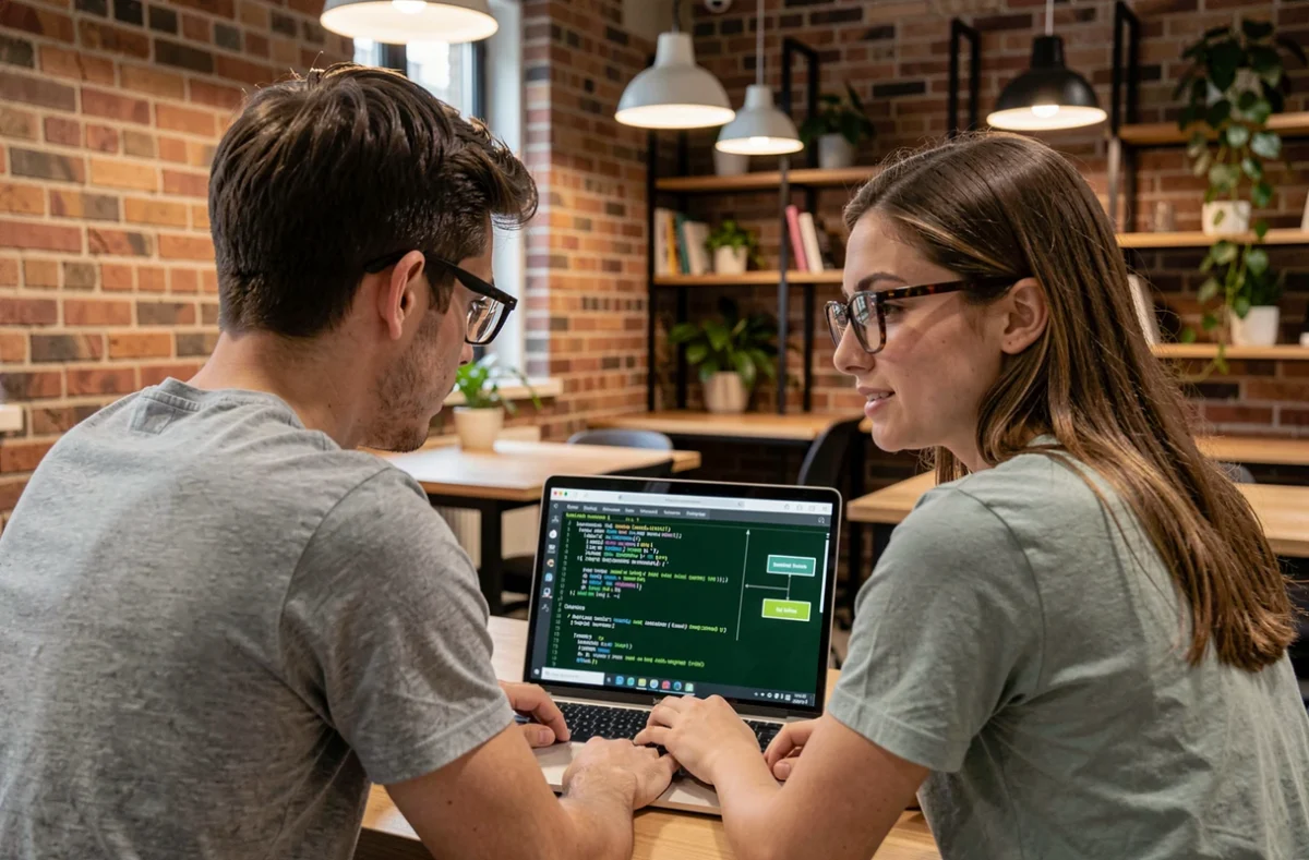 Deux développeurs analysant des erreurs de requêtes lentes et des problèmes de performance dans une base de données relationnelle sur un ordinateur portable