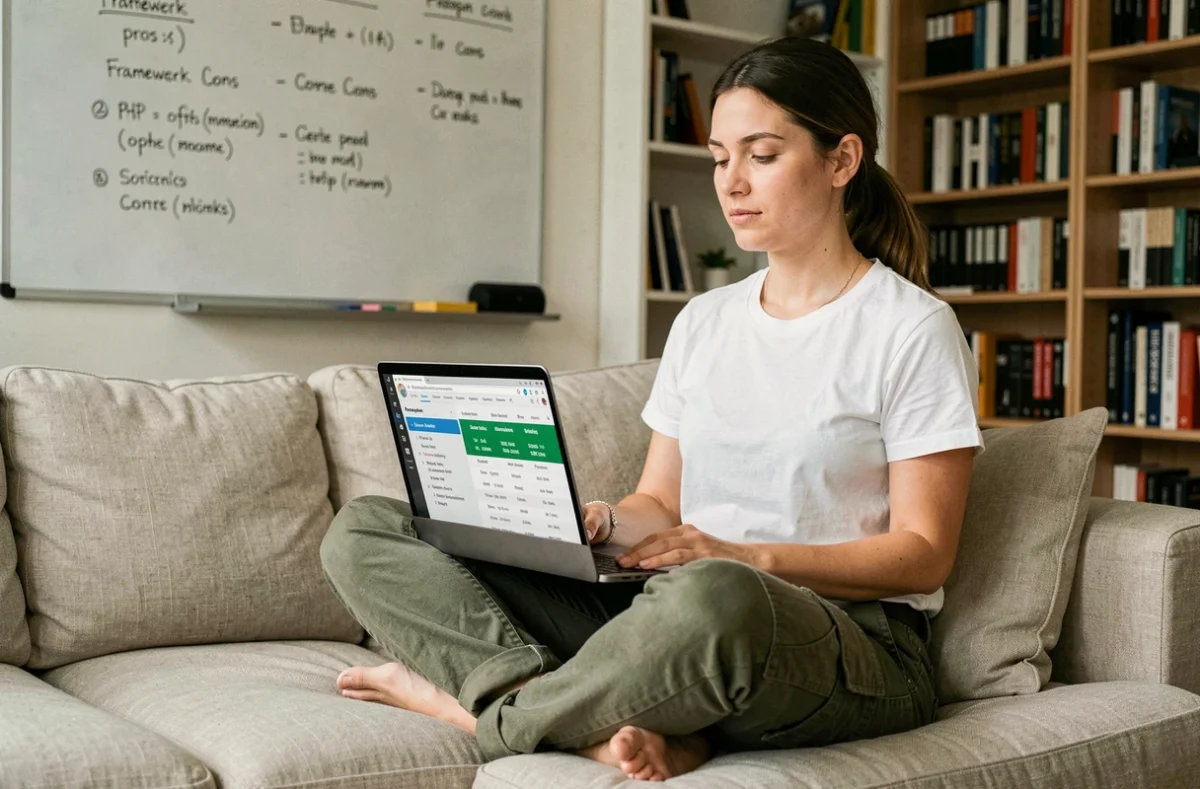 Développeuse web analysant les frameworks PHP sur son ordinateur portable dans un bureau à domicile