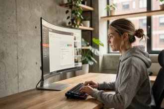 Développeuse web travaillant sur une mise en page responsive avec grille CSS visible sur grand écran dans un bureau moderne