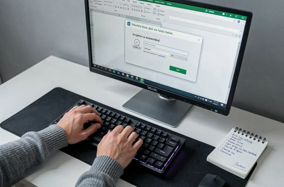 Mains tapant sur un clavier devant un écran Excel affichant une boîte de dialogue d'enregistrement avec chiffrement et mot de passe