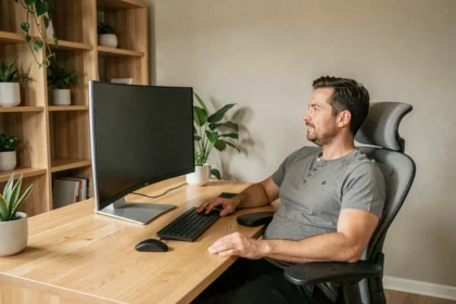Homme assis à distance optimale d'un écran ultra-large dans un bureau moderne à domicile