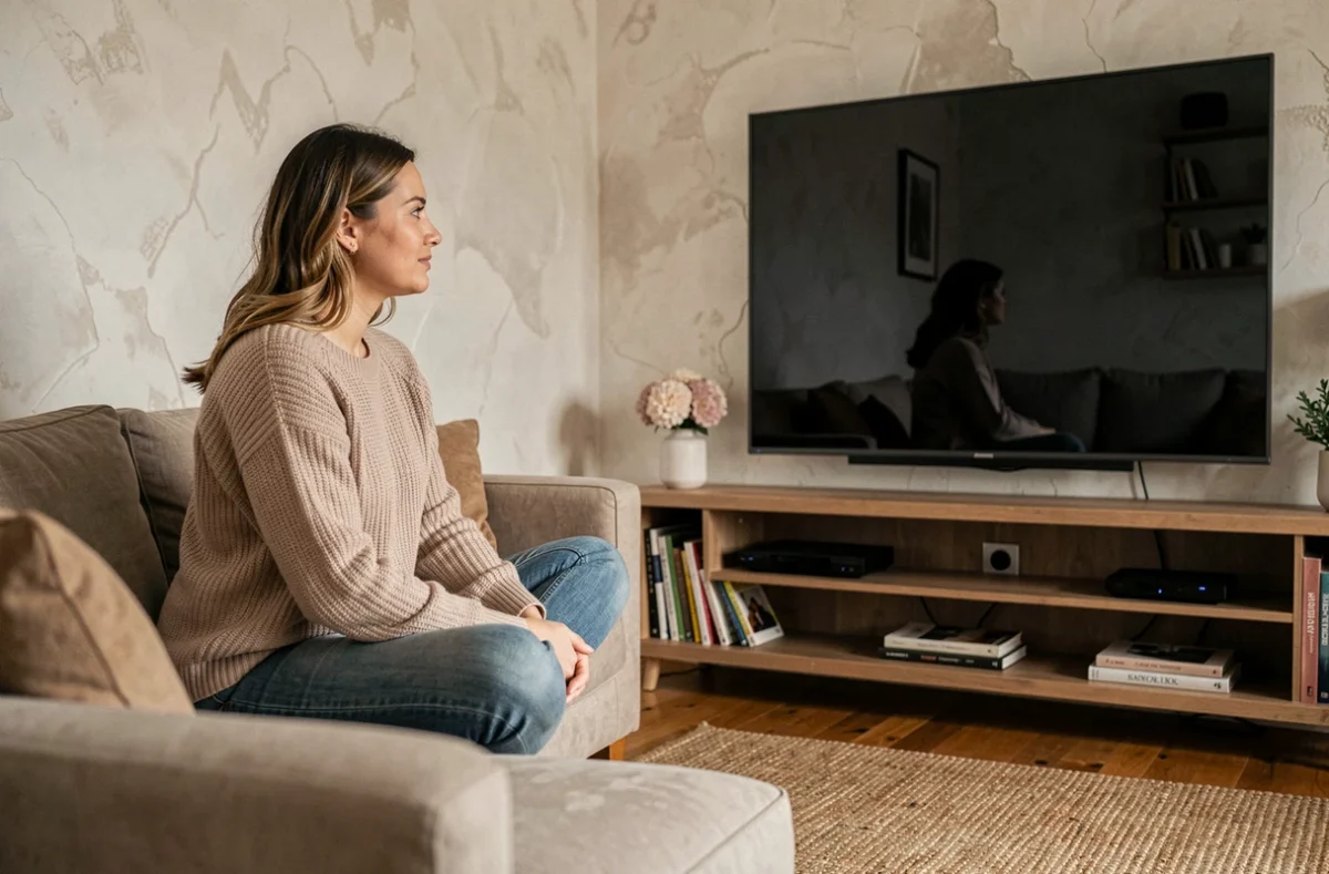 Femme assise sur un canapé à bonne distance d'un grand écran ultra-large dans un salon
