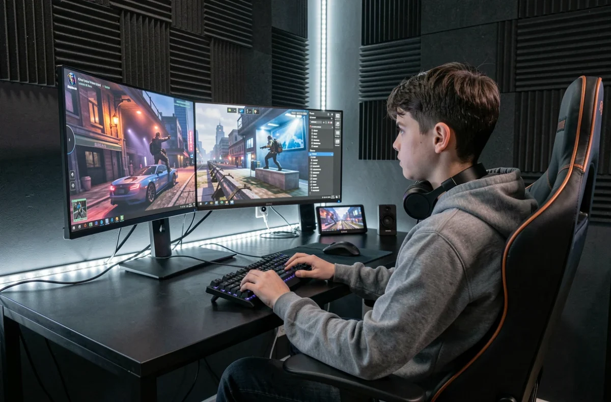 Adolescent assis devant un triple écran ultra-large dans une salle de jeu, illustrant la distance d'assise recommandée