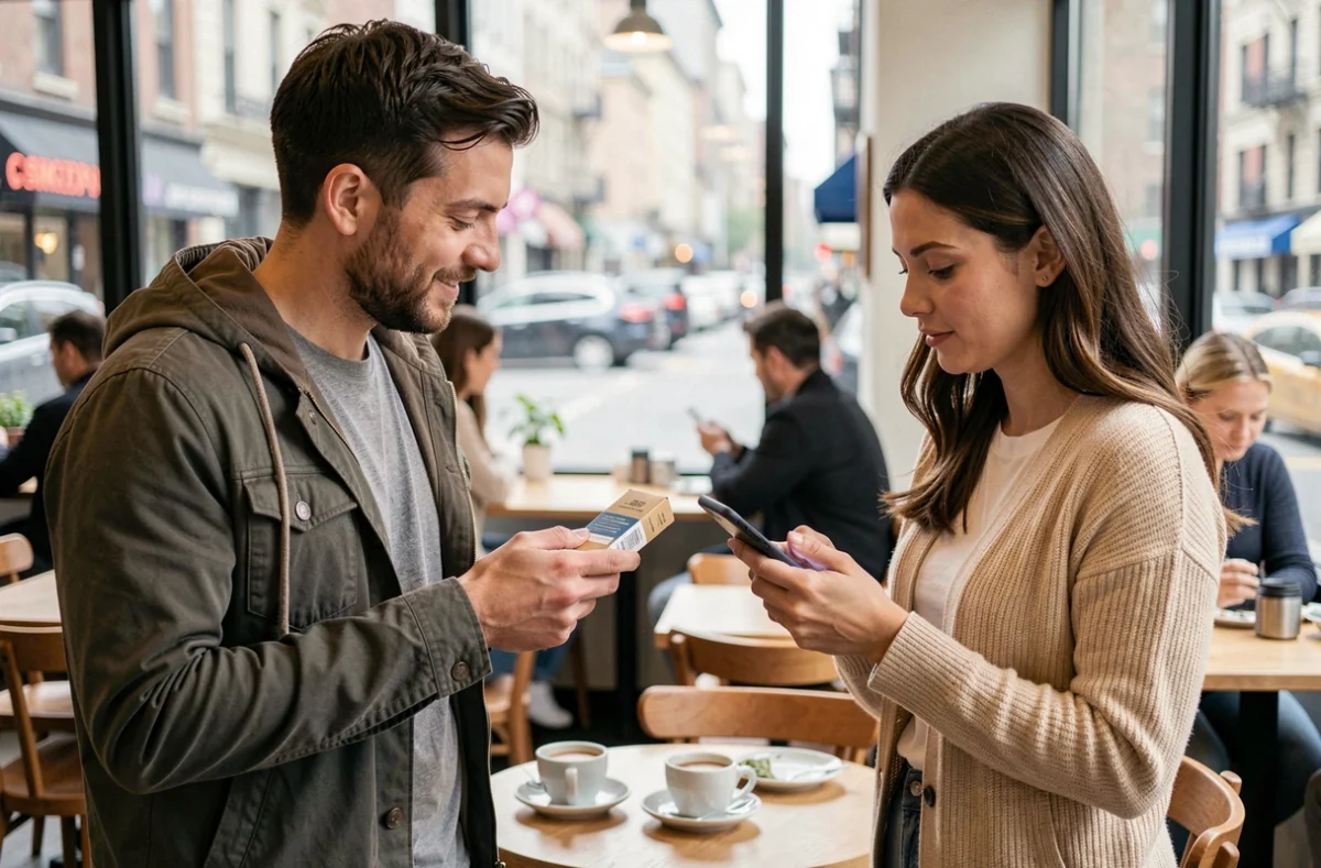 Deux personnes effectuant un échange sécurisé d'un article vendu en ligne dans un café urbain, vérification de la transaction sur smartphone