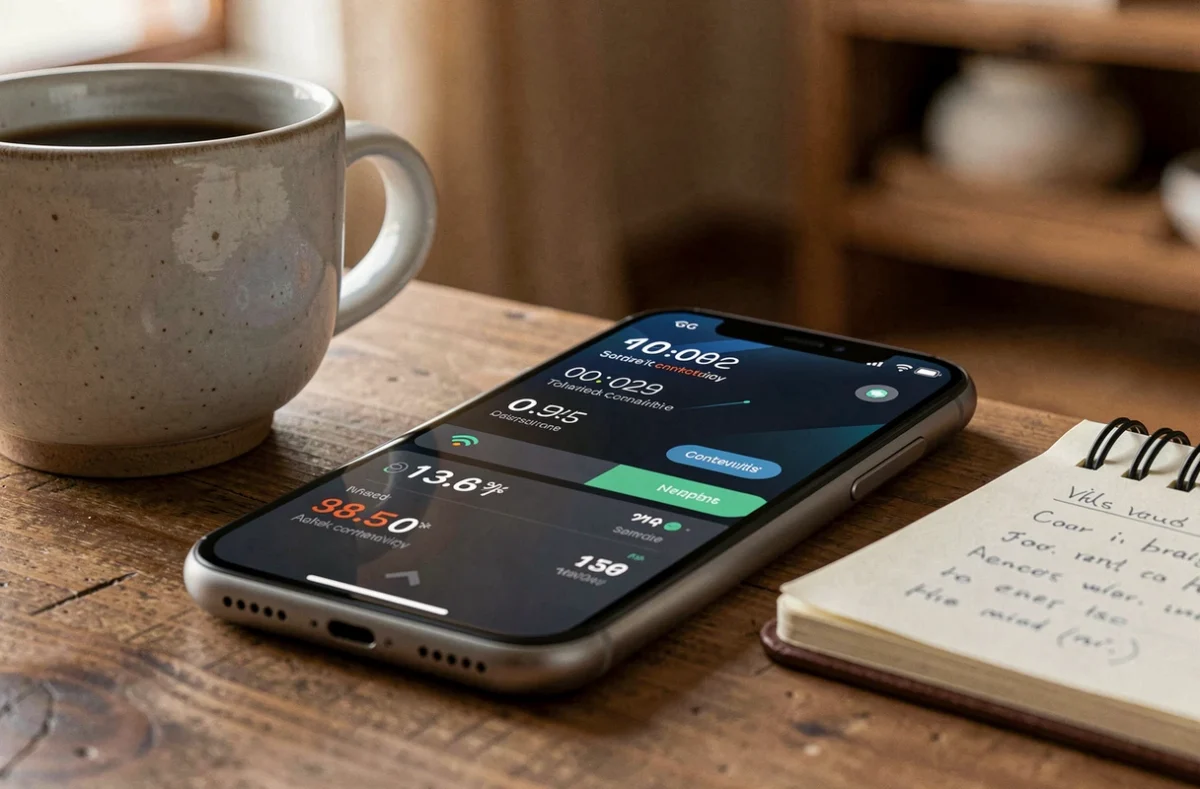 Écran de smartphone affichant les données de connexion réseau 5G posé sur une table en bois