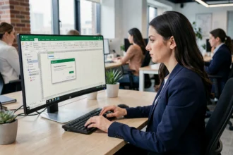 Femme en blazer utilisant Excel sur un grand écran avec une boîte de dialogue de protection par mot de passe visible