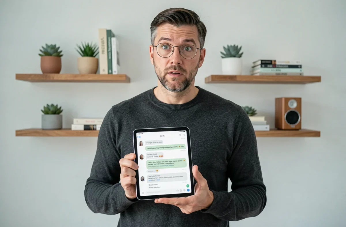 Un entrepreneur utilisant un outil de rédaction basé sur l'intelligence artificielle pour créer du contenu marketing depuis son bureau à domicile
