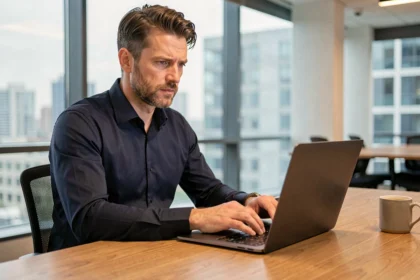 Homme d'affaires rédigeant un e-mail important sur un ordinateur portable dans un bureau moderne, cherchant à contacter Elon Musk par email