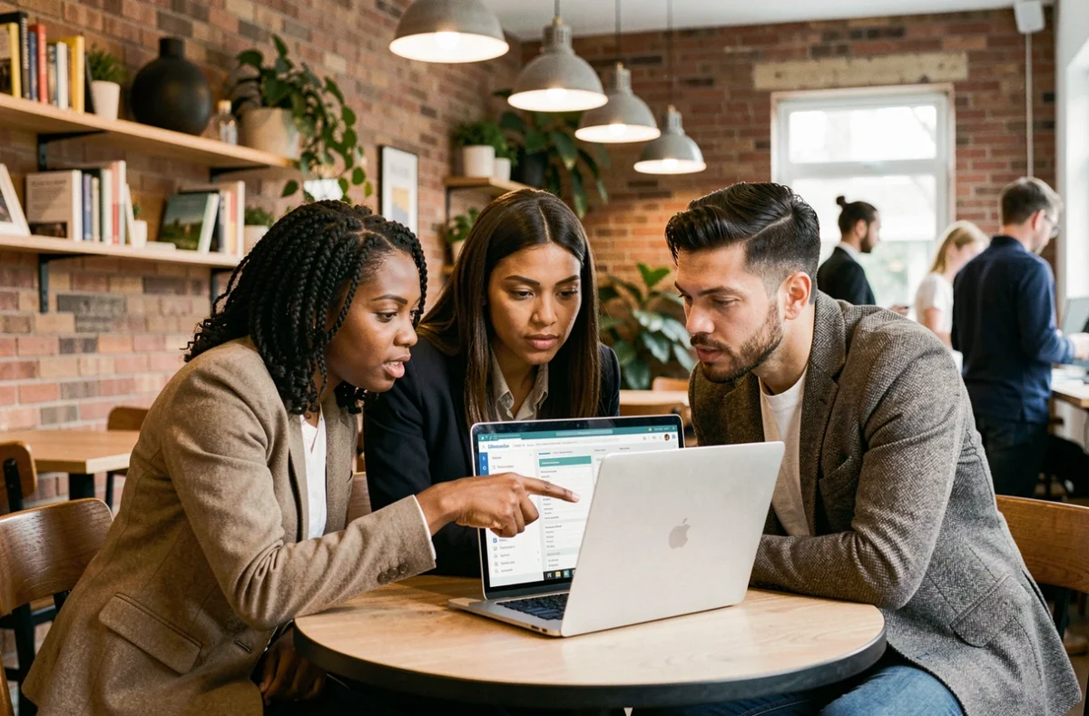 Équipe de trois professionnels analysant ensemble un système CRM sur un ordinateur portable dans un espace de coworking