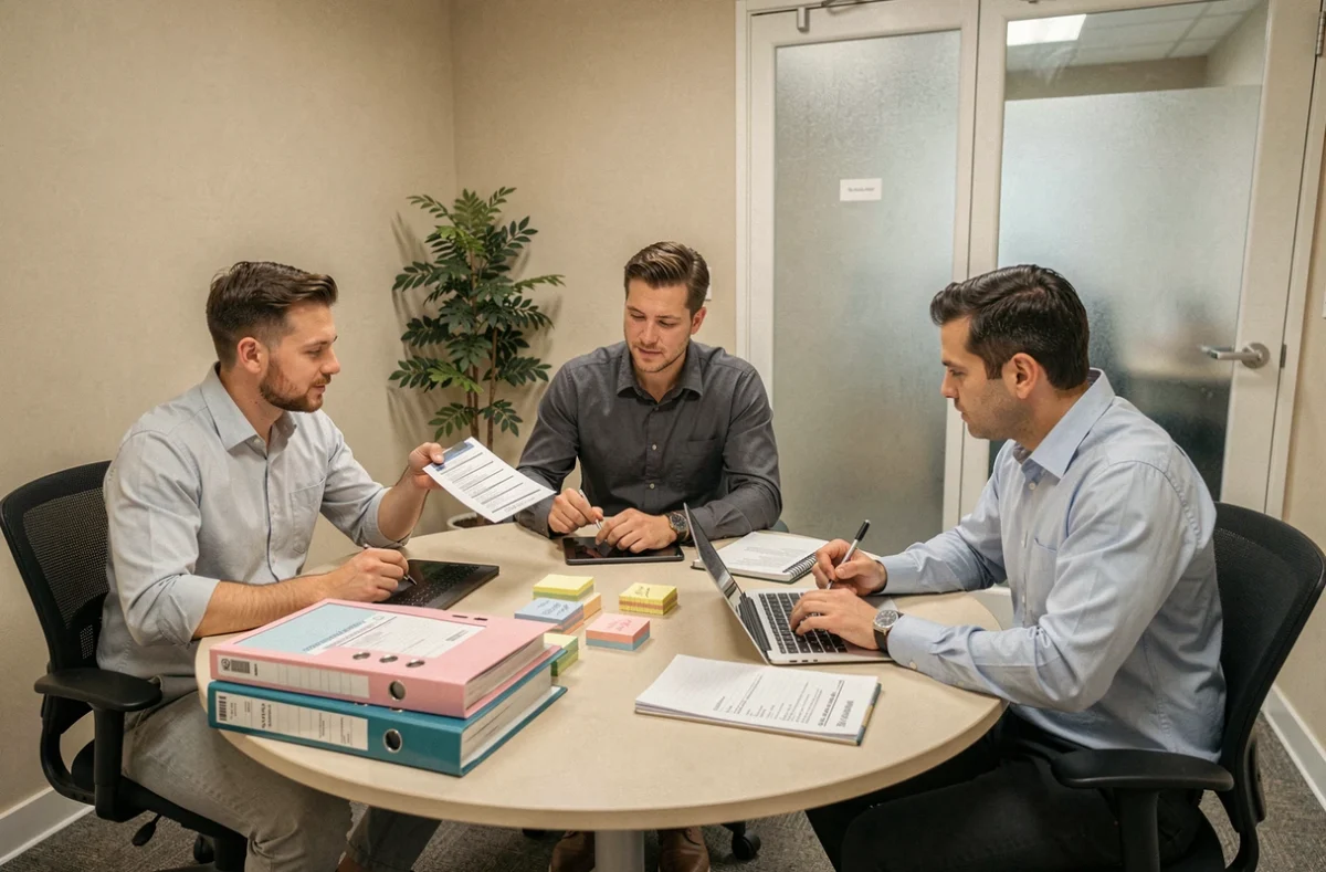Équipe pluridisciplinaire réalisant un audit interne ISO 27001 autour d'une table de réunion avec documents et tablettes