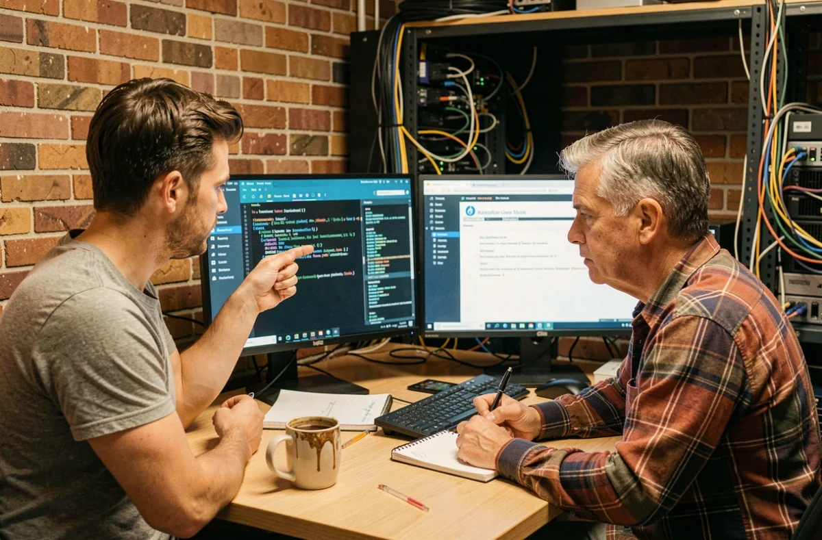 Deux développeurs analysant les limitations d'AWS Amplify dans un bureau de startup
