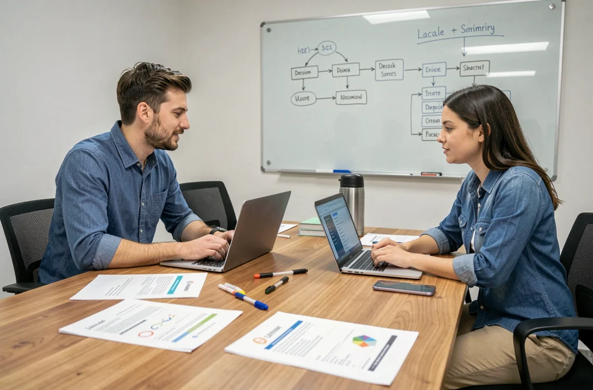 Deux développeurs comparant des frameworks PHP lors d'une réunion de travail en équipe dans une startup