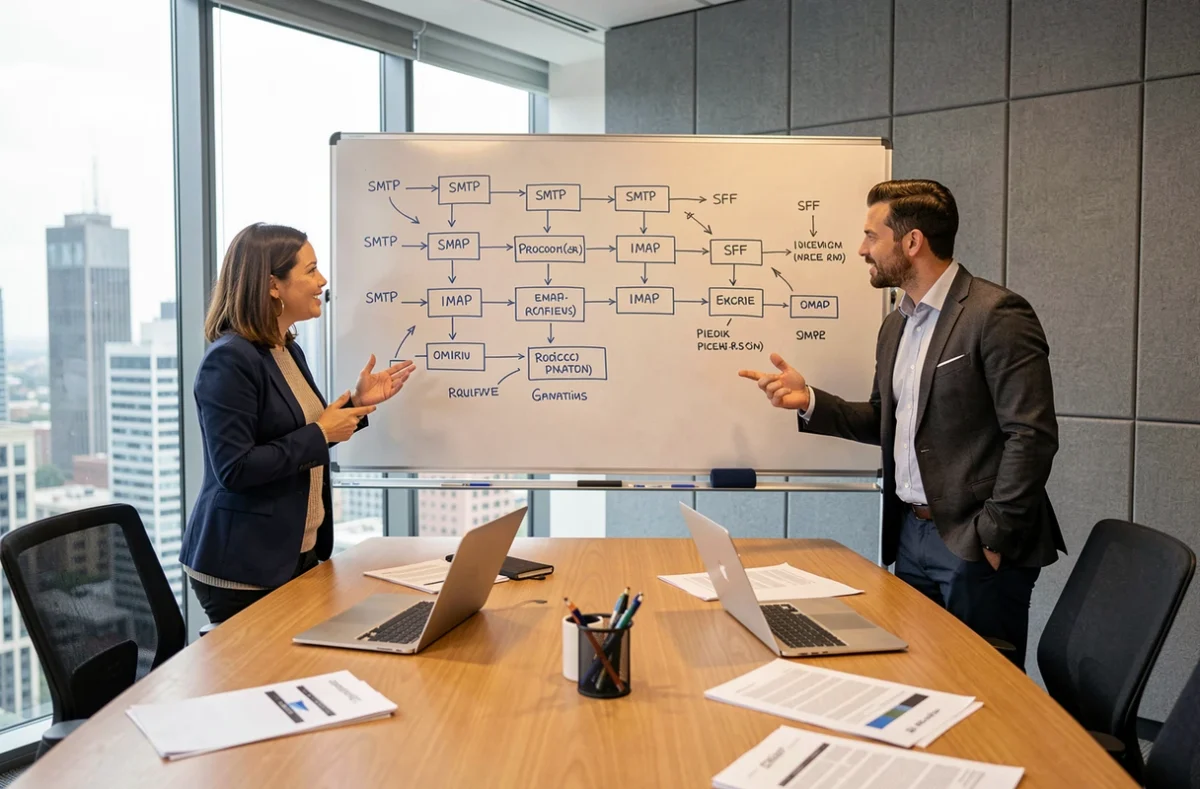 Équipe de professionnels discutant des protocoles de messagerie inter-organisations devant un tableau blanc en salle de réunion