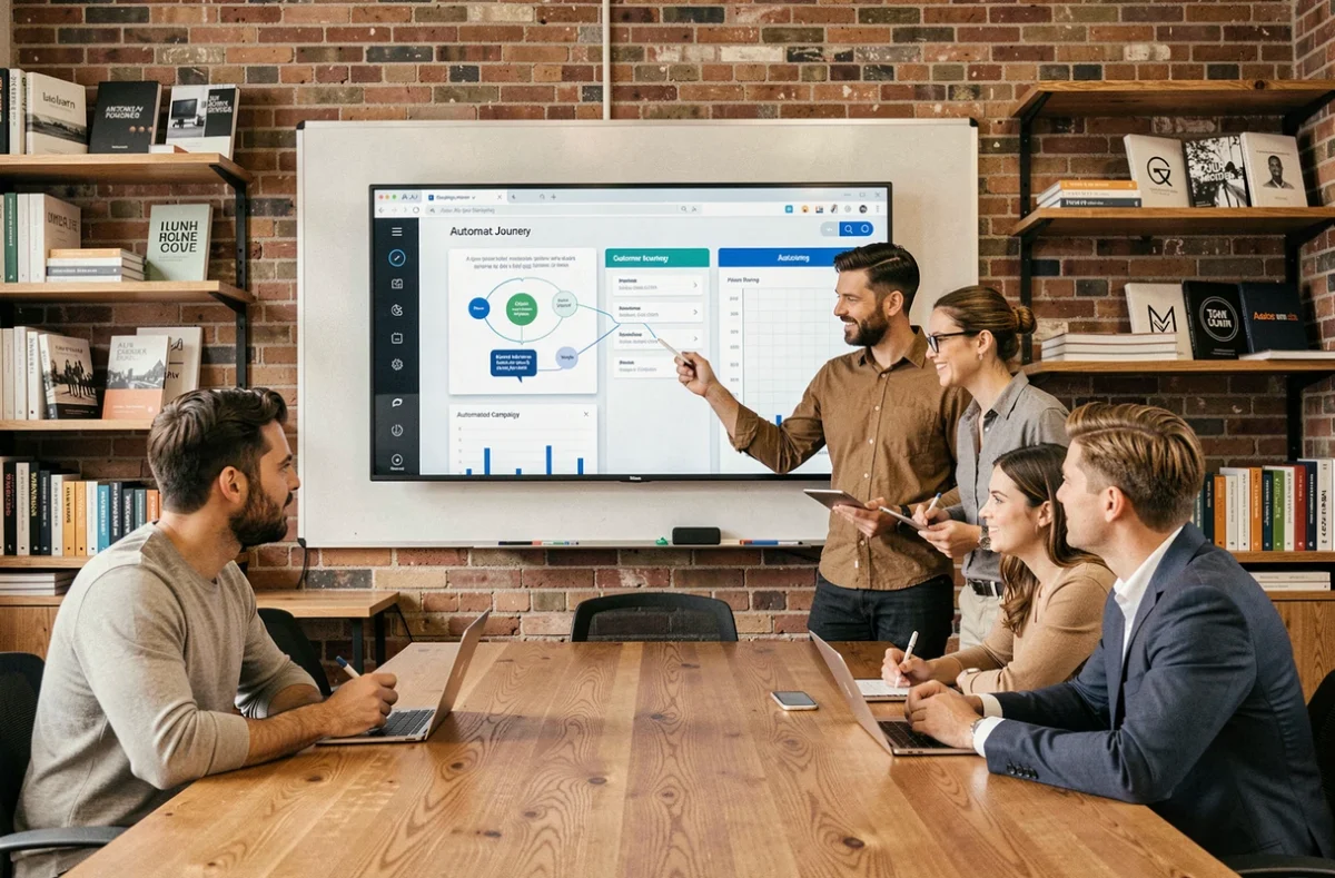Une équipe marketing collaborant autour d'un tableau de bord d'intelligence artificielle pour optimiser des campagnes publicitaires