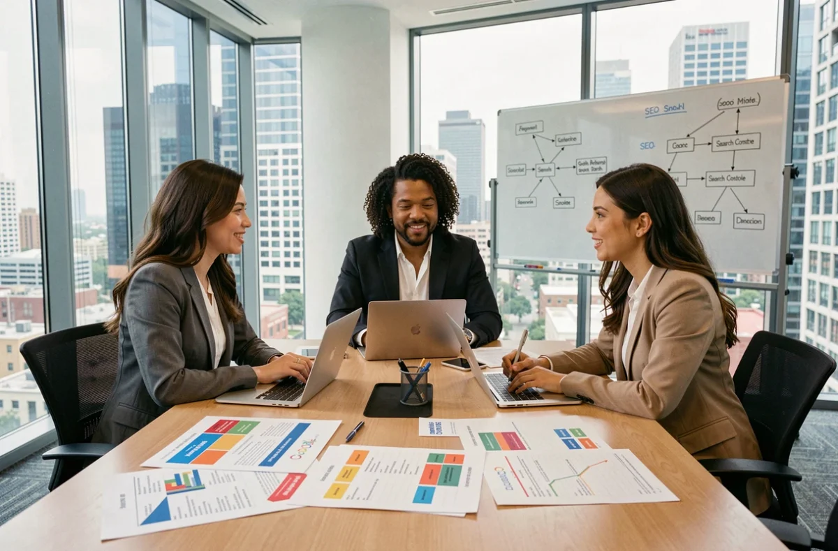 Équipe de professionnels du marketing numérique réunis autour de rapports SEO et d'outils de référencement dans une salle de réunion moderne avec vue sur la ville