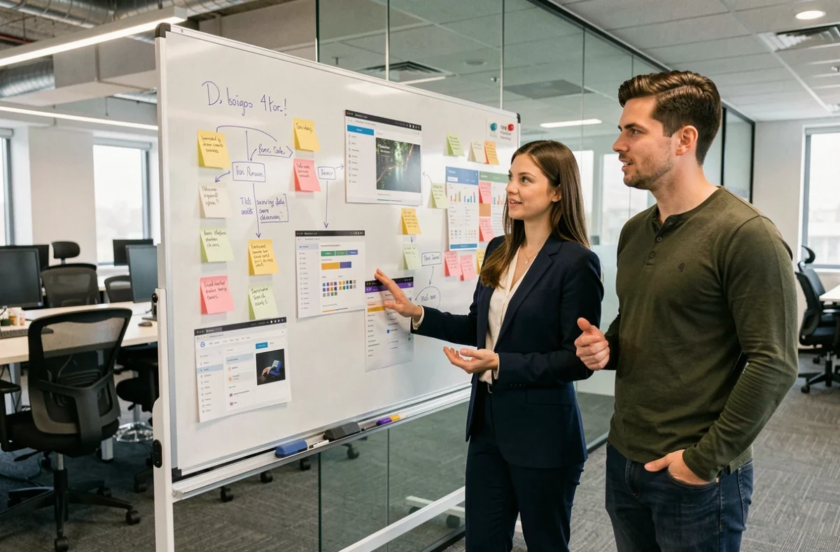 Deux collègues discutant d'un projet de développement sans code devant un tableau blanc