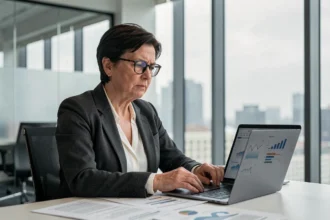 Femme analyste réfléchissant aux enjeux éthiques de l'intelligence artificielle devant un écran d'ordinateur dans un bureau moderne