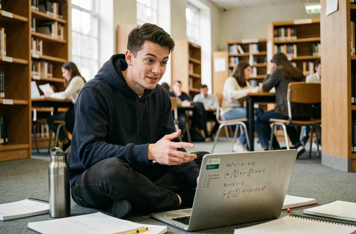 Étudiant apprenant les formules Excel sur un ordinateur portable dans une bibliothèque universitaire moderne