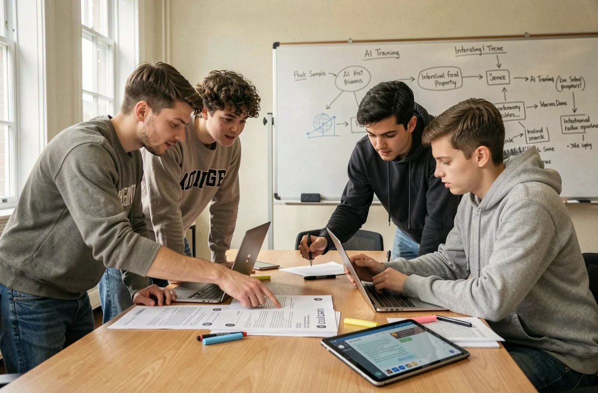 Des étudiants universitaires débattent des droits d'auteur liés à l'entraînement de ChatGPT autour d'une table avec des documents académiques et des ordinateurs portables