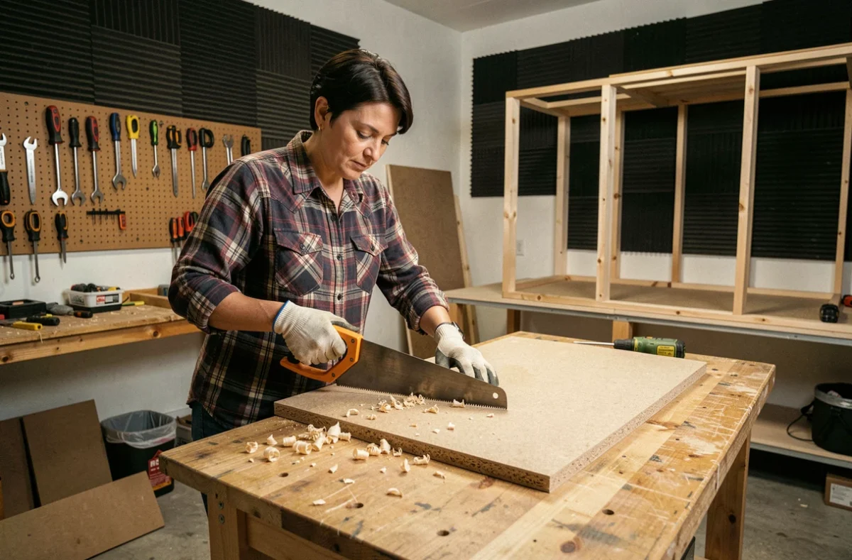 Femme construisant un pad de batterie en bois en découpant du MDF sur un établi dans un atelier sonique