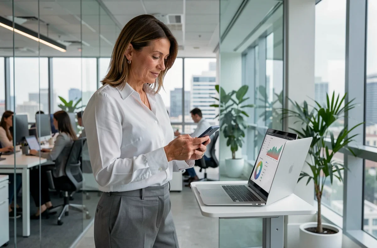 Femme d'affaires consultant son smartphone dans un bureau moderne en open space