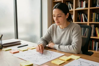 Femme analysant un cocon sémantique avec des schémas de maillage interne sur un bureau en bois