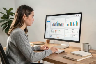 Une femme analyse un tableau de bord SEO sur son ordinateur dans un bureau moderne, illustrant l'optimisation pour les moteurs de recherche.