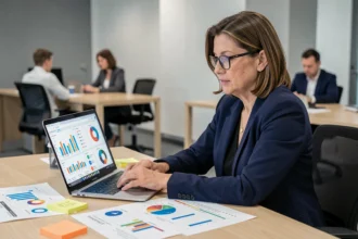 Femme professionnelle analysant des tableaux de bord de données sur un ordinateur portable dans un bureau moderne