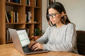 Femme qui apprend Excel sur un ordinateur portable dans un bureau à domicile moderne et chaleureux