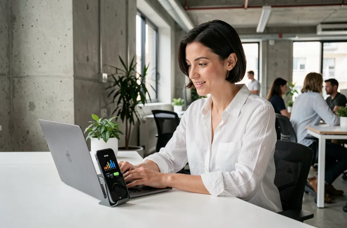Femme travaillant avec un smartphone 5G dans un bureau moderne et minimaliste