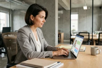 Femme professionnelle interagissant avec un chatbot IA sur un ordinateur portable dans un bureau moderne