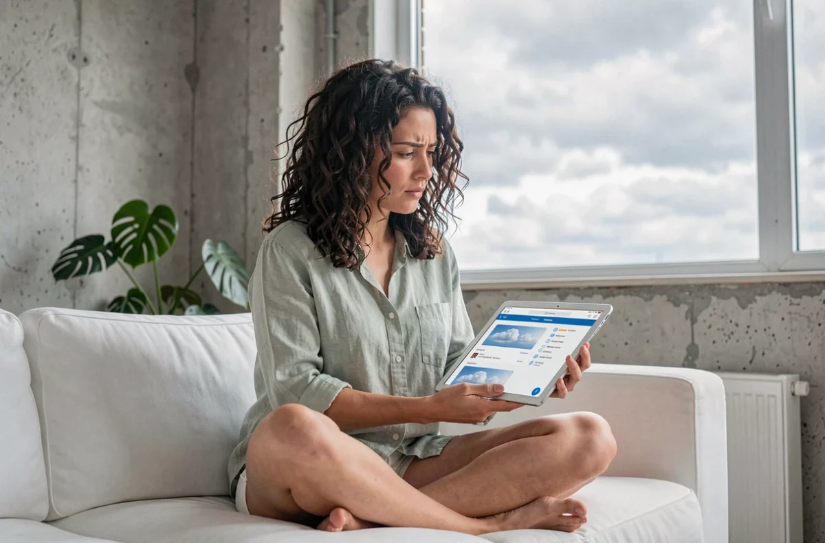 Jeune femme consultant une interface de stockage cloud sur tablette chez elle, avec des nuages réels visibles par la fenêtre en arrière-plan