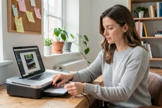 Femme connectant un scanner à son ordinateur portable via câble USB dans un bureau à domicile