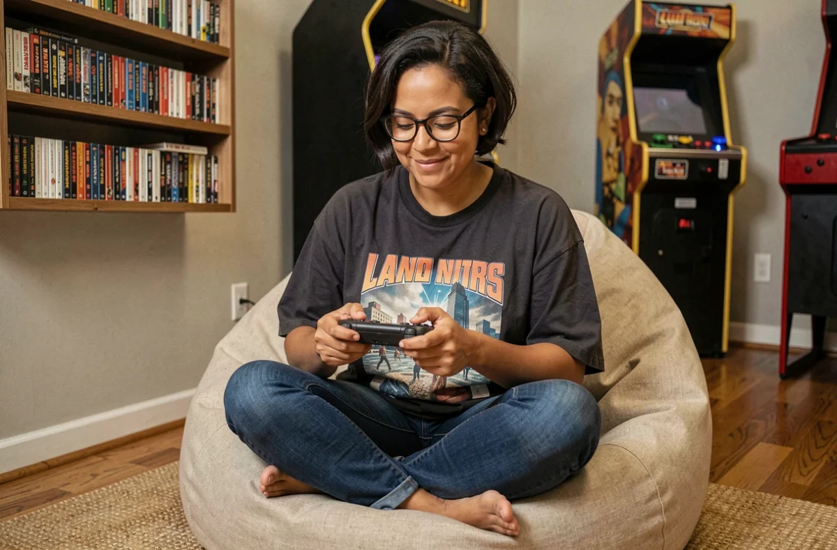 Femme souriante jouant sur une console portable dans une salle de jeux rétro-moderne, évoquant la passion pour les meilleurs jeux vidéo