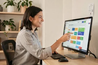 Femme utilisant un outil no-code pour créer une application sans programmer sur un grand écran tactile