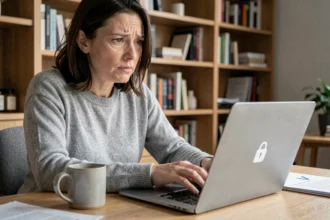 Femme décryptant un fichier PDF verrouillé sur son ordinateur portable dans un bureau à domicile moderne