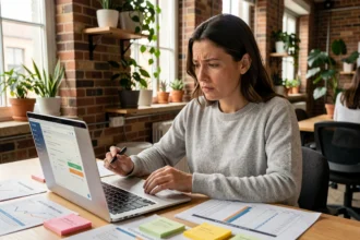 Femme en formation SEO analysant un tableau de bord Google Search Console sur un ordinateur portable dans un espace de coworking moderne