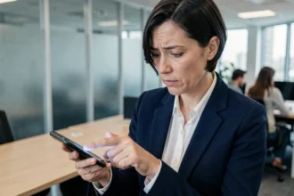 Femme hésitante utilisant le capteur d'empreinte digitale de son smartphone dans un bureau moderne, illustrant les doutes sur la biométrie