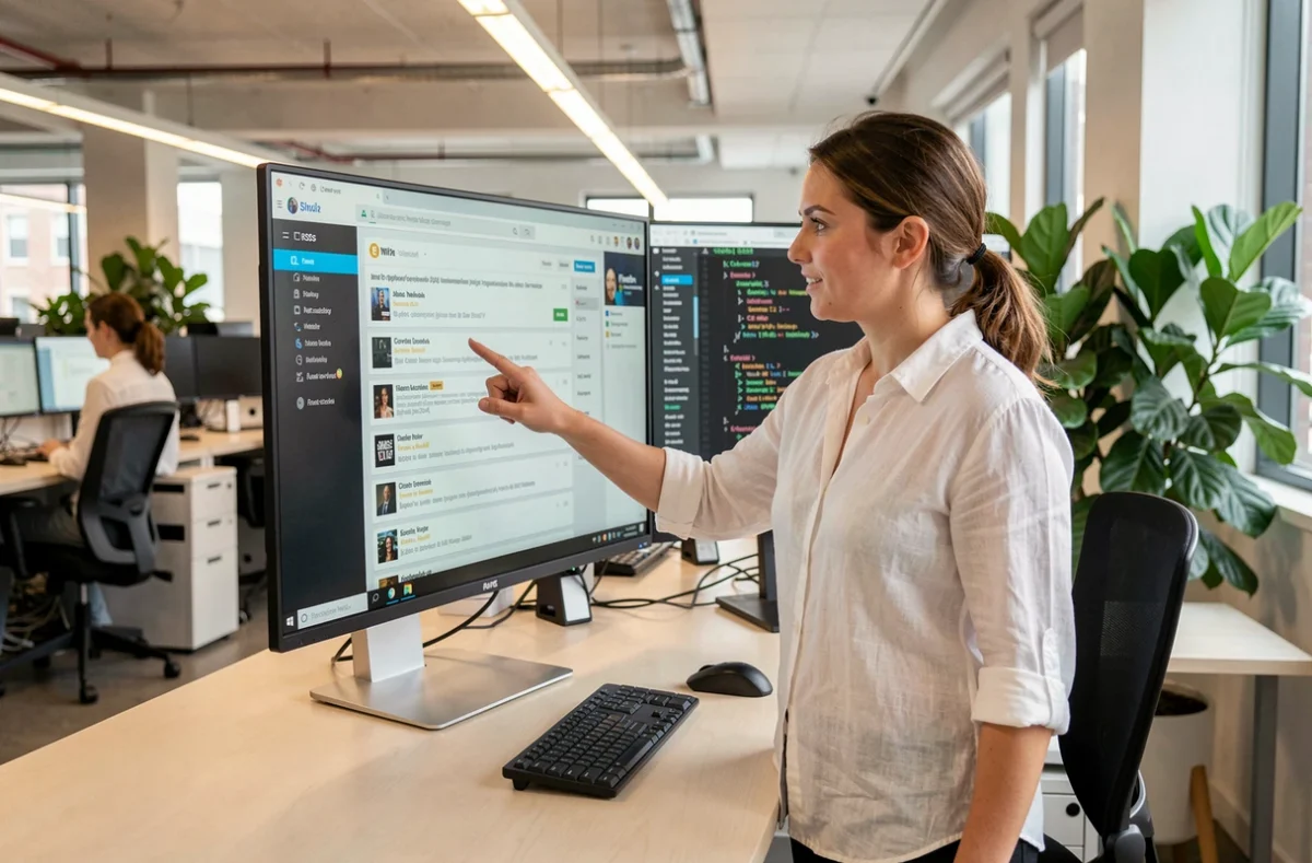 Femme professionnelle utilisant un lecteur de flux RSS dans un bureau moderne en open space