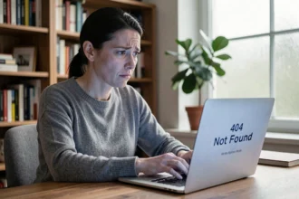Femme frustrée devant une page d'erreur 404 sur son ordinateur portable dans un bureau à domicile