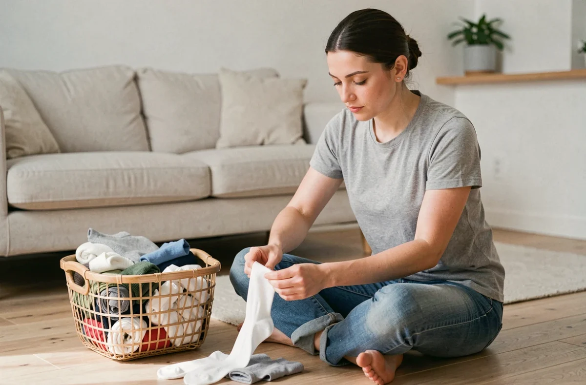 Jeune femme pliant des chaussettes en étrier assise sur un parquet dans un salon scandinave avec panier de linge