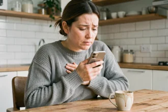 Femme tenant son smartphone contre sa poitrine d'un geste protecteur dans une cuisine moderne, illustrant la méfiance à partager son numéro de portable