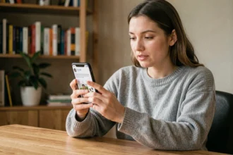 Femme consultant son smartphone et découvrant une publicité ciblée sur Facebook dans un bureau à domicile