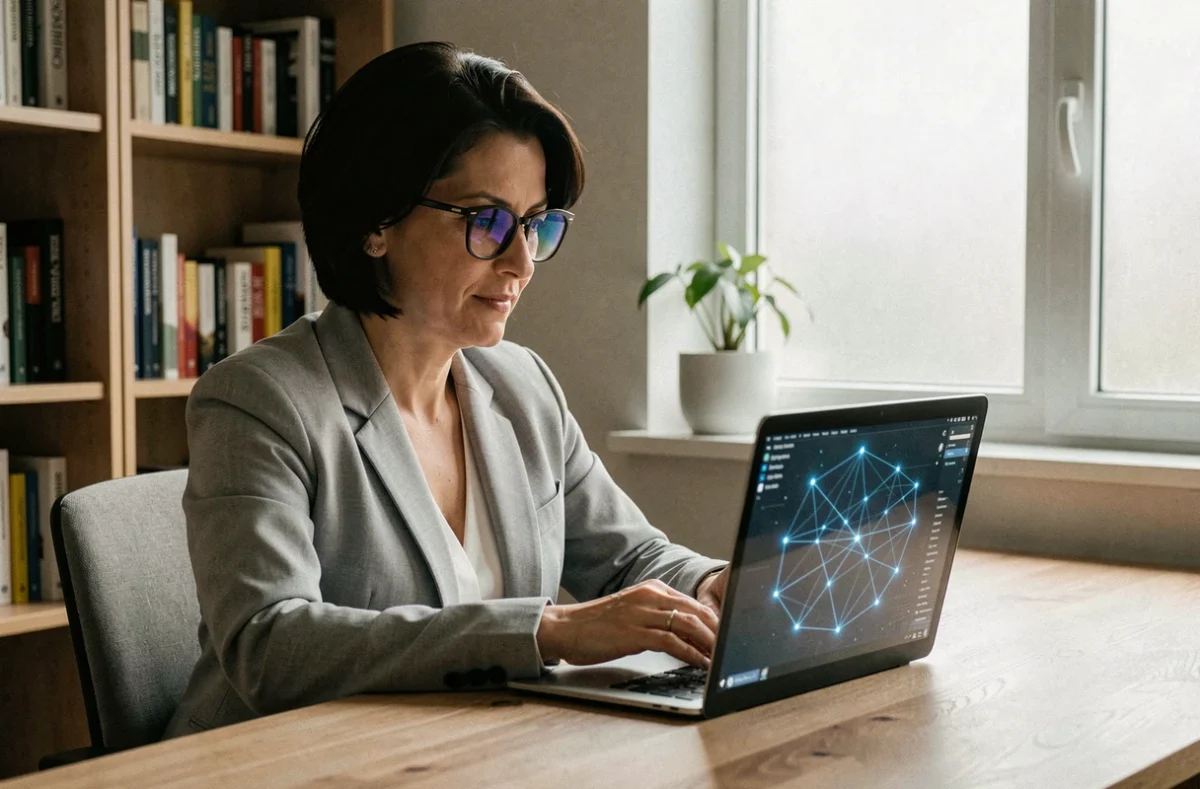 Femme professionnelle visualisant un réseau blockchain décentralisé sur son ordinateur portable